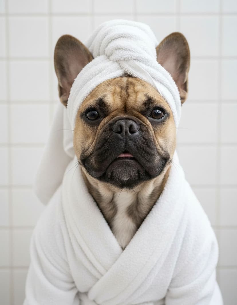 Französische Bulldogge im Bademantel — Haustierportrait