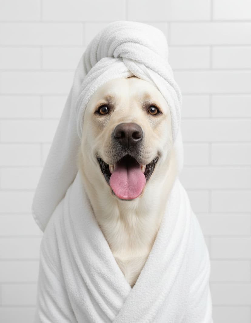 Labrador im Bademantel — Haustierportrait