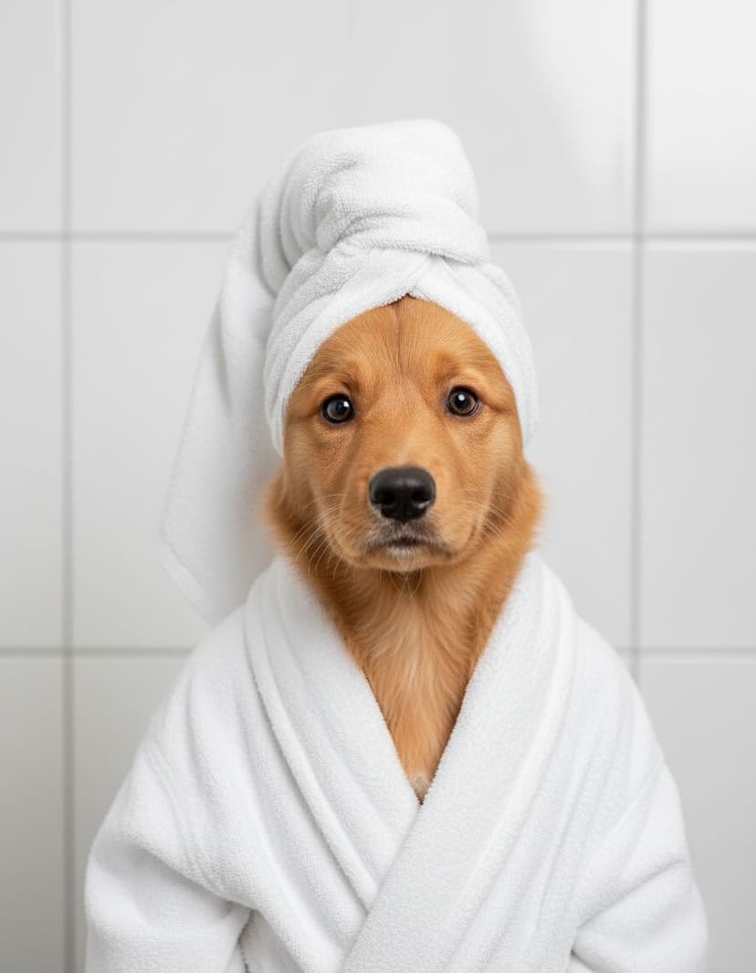 Golden Retriever im Bademantel — Haustierportrait