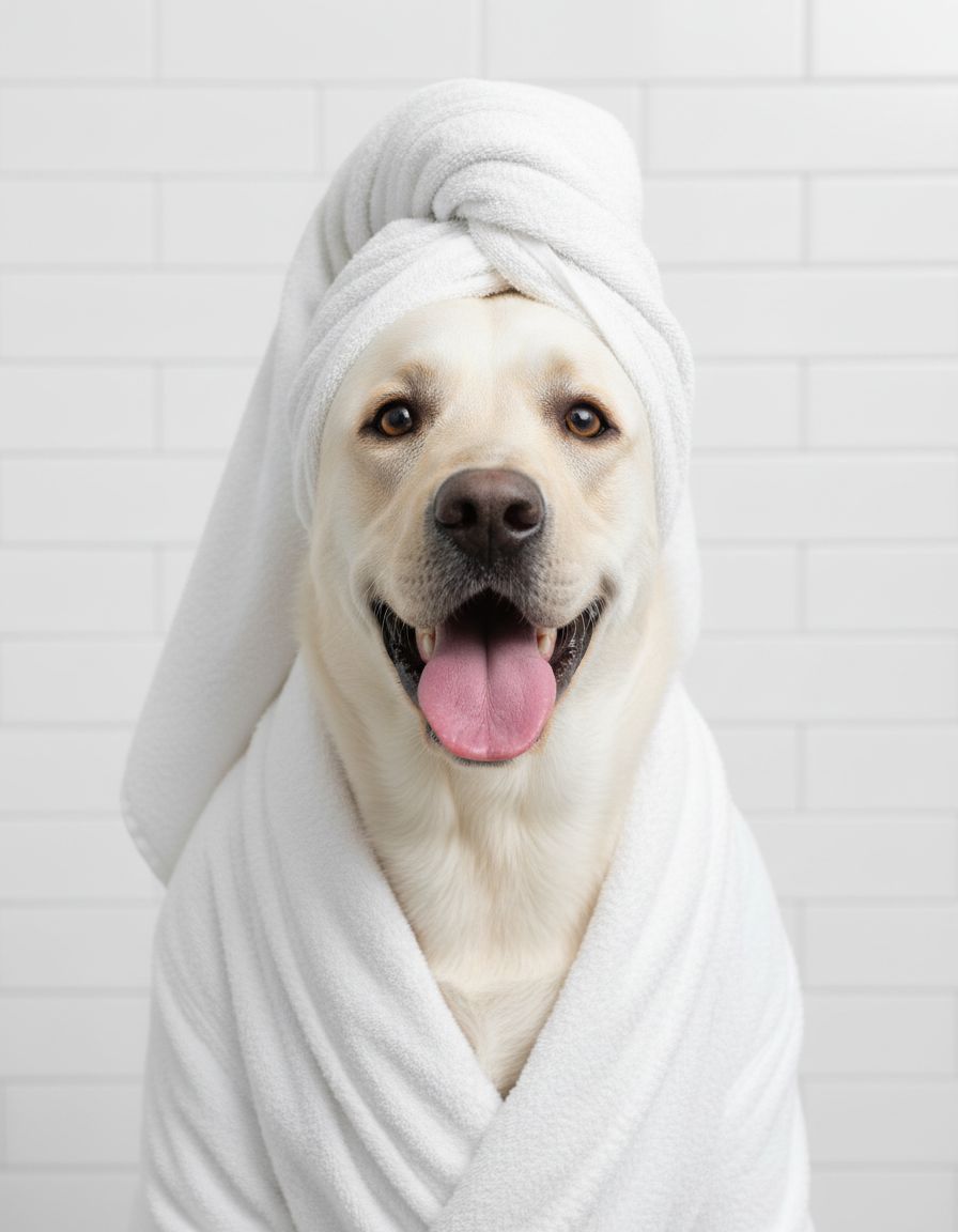 Labrador Portrait im Bademantel